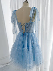 A-Line Sweetheart Neck Tulle Lace Blue Short Formal Prom Dresses, Blue Homecoming Dresses