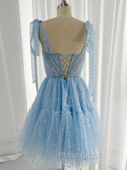 A-Line Sweetheart Neck Tulle Lace Blue Short Formal Prom Dresses, Blue Homecoming Dresses