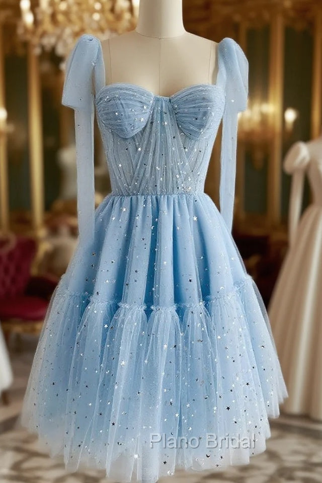A-Line Sweetheart Neck Tulle Lace Blue Short Formal Prom Dresses, Blue Homecoming Dresses