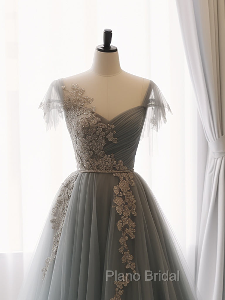 A-Line Sweetheart Neck Tulle Lace Gray Blue Long Formal Prom Dresses, Gray Blue Formal Dresses Secondary image