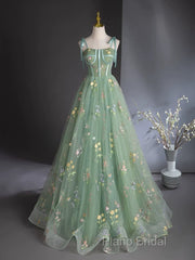 A-Line Sweetheart Neck Tulle Lace Green Long Formal Prom Dresses