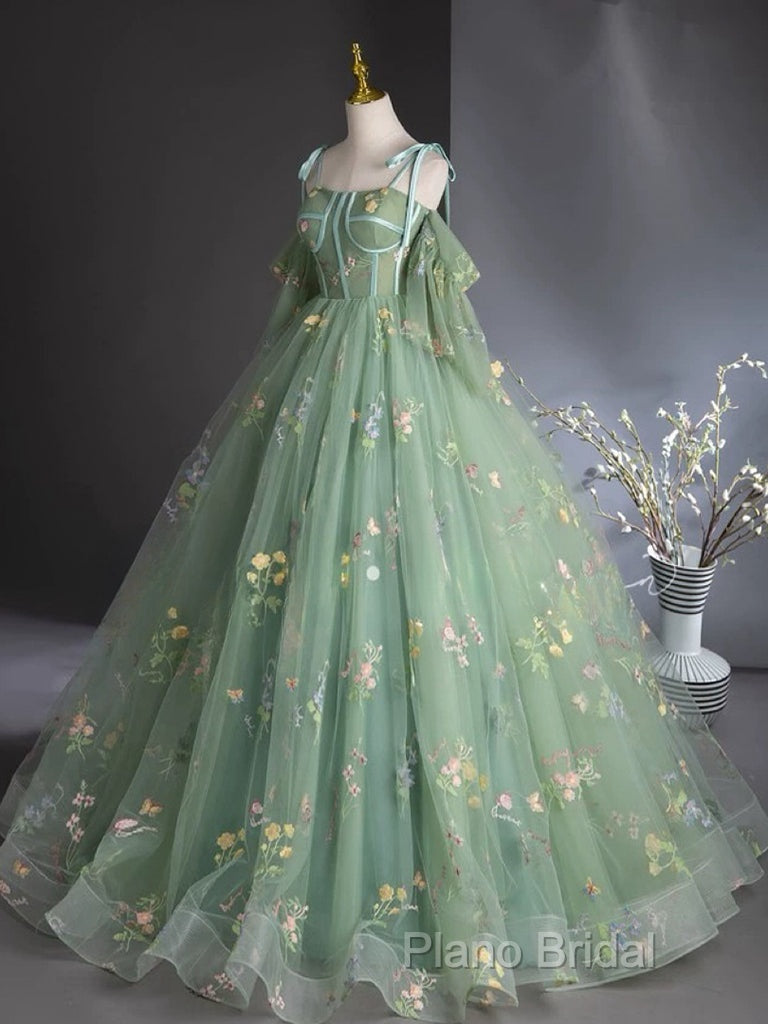 A-Line Sweetheart Neck Tulle Lace Green Long Formal Prom Dresses