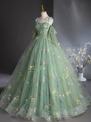 A-Line Sweetheart Neck Tulle Lace Green Long Formal Prom Dresses