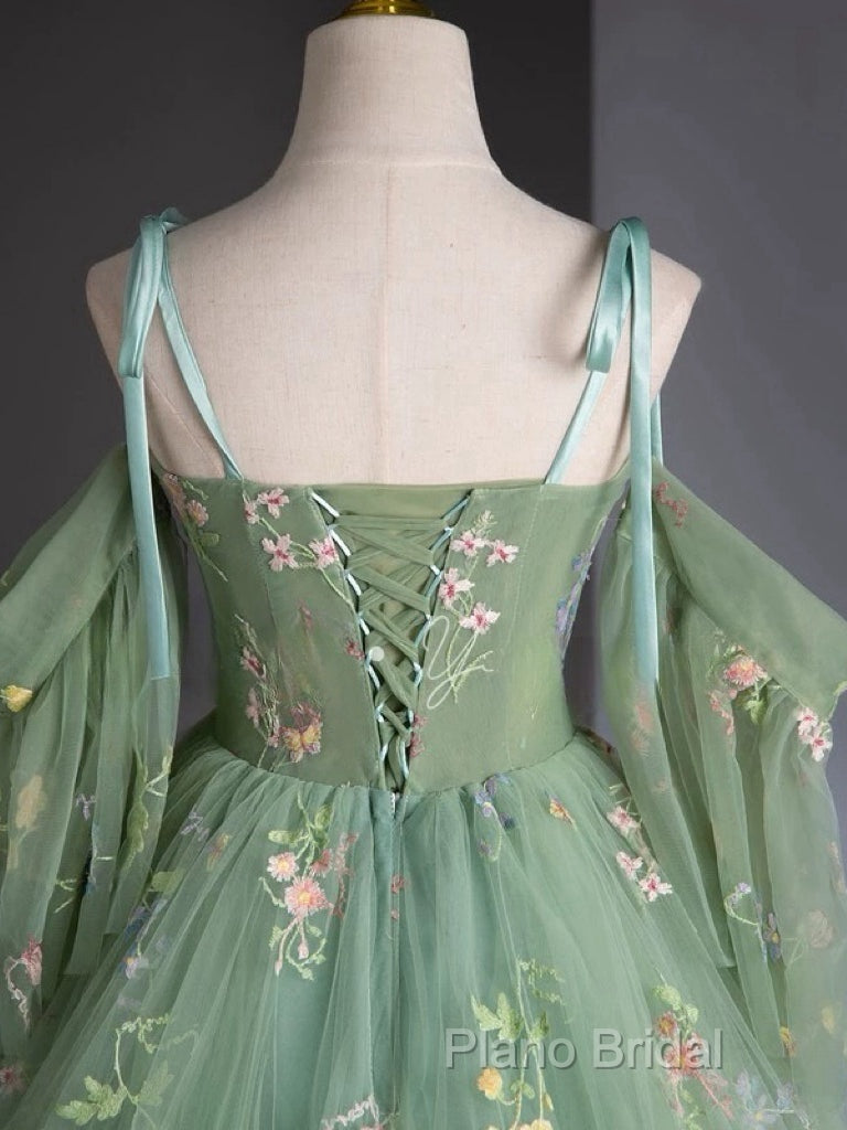 A-Line Sweetheart Neck Tulle Lace Green Long Formal Prom Dresses