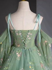 A-Line Sweetheart Neck Tulle Lace Green Long Formal Prom Dresses