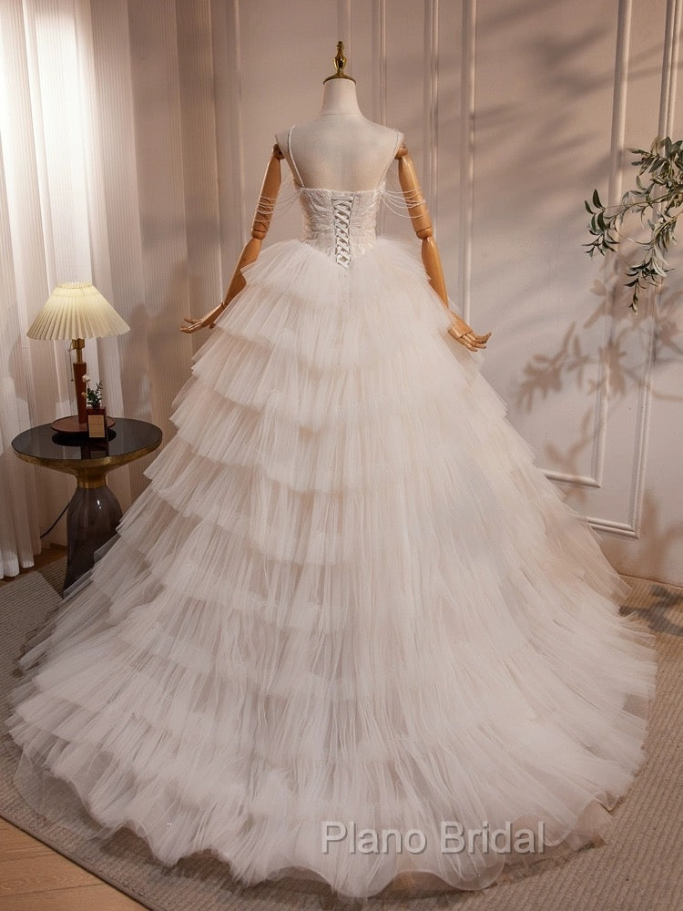 A-Line Sweetheart Neck Tulle Lace Light Champagne Long Wedding Dresses with Beads Secondary image