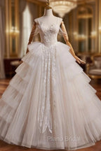 A-Line Sweetheart Neck Tulle Lace Light Champagne Long Wedding Dresses with Beads
