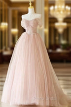 A-Line Sweetheart Neck Tulle Lace Long Pink Formal Prom Dresses, Pink Party Dresses with Beads