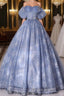A-Line Sweetheart Neck Tulle Lace Long Formal Prom Dress, Blue Sweet 16 Dress