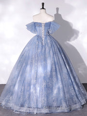A-Line Sweetheart Neck Tulle Lace Long Formal Prom Dress, Blue Sweet 16 Dress