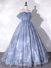 A-Line Sweetheart Neck Tulle Lace Long Formal Prom Dress, Blue Sweet 16 Dress