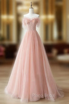 A-Line Sweetheart Neck Tulle Lace Pink Long Formal Prom Dresses, Pink Formal Dresses