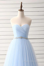 A-Line Sweetheart Neck Tulle Light Sky Blue Long Formal Prom Dresses