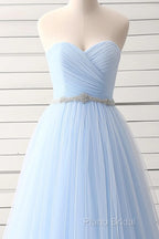 A-Line Sweetheart Neck Tulle Light Sky Blue Long Formal Prom Dresses