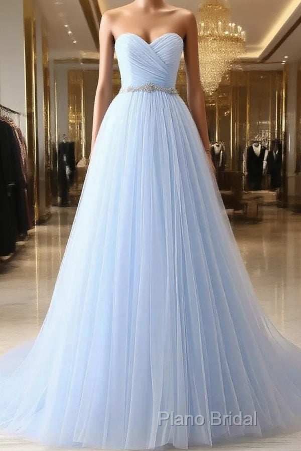 A-Line Sweetheart Neck Tulle Light Sky Blue Long Formal Prom Dresses Main image