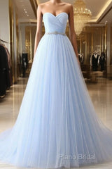 A-Line Sweetheart Neck Tulle Light Sky Blue Long Formal Prom Dresses