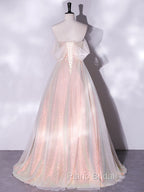 A-Line Sweetheart Neck Tulle Pink Formal Dresses, Off Shoulder Pink Formal Dresses