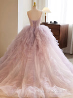 A-Line Sweetheart Neck Tulle Pink Long Formal Prom Dresses, Pink Formal Dresses