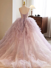 A-Line Sweetheart Neck Tulle Pink Long Formal Prom Dresses, Pink Formal Dresses