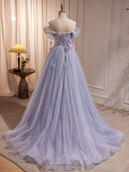 A-Line Sweetheart Neck Tulle Purple Long Formal Prom Dresses, Purple Formal Dresses