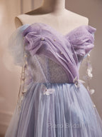 A-Line Sweetheart Neck Tulle Purple Long Formal Prom Dresses, Purple Formal Dresses