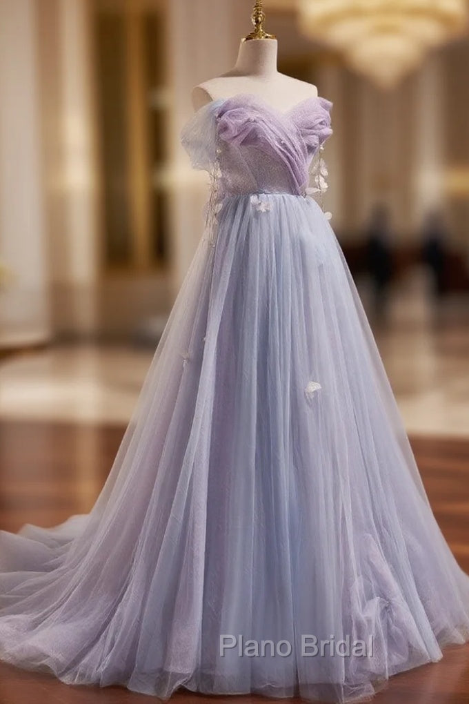 A-Line Sweetheart Neck Tulle Purple Long Formal Prom Dresses, Purple Formal Dresses Main image