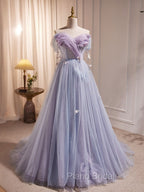 A-Line Sweetheart Neck Tulle Purple Long Formal Prom Dresses, Purple Formal Dresses