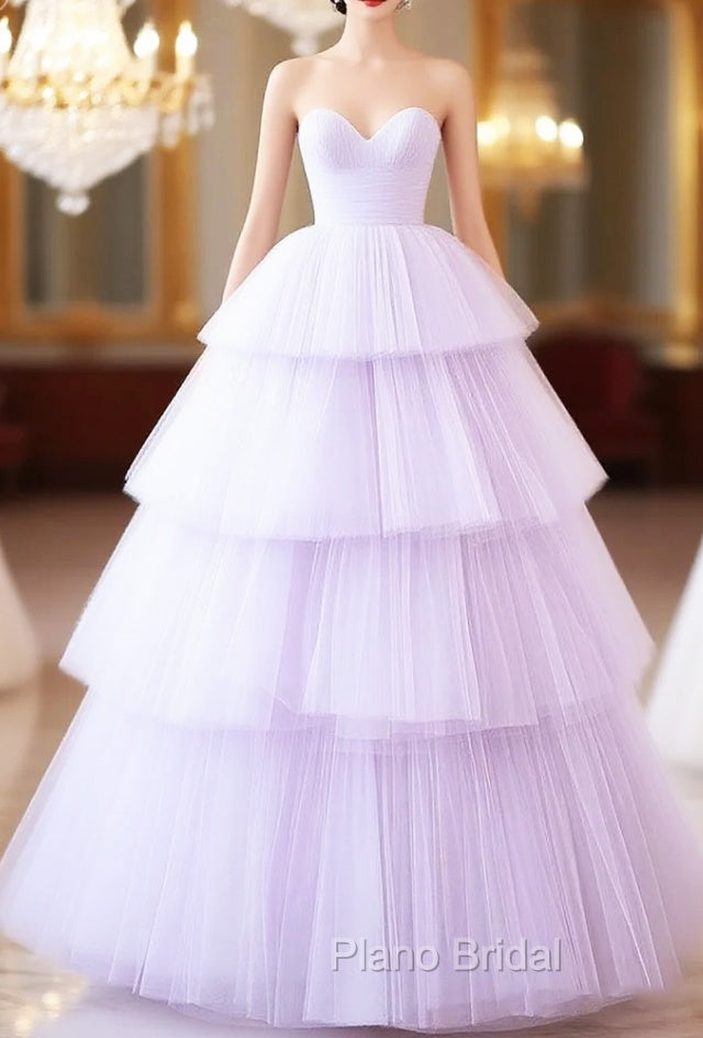 A-Line Sweetheart Neck Tulle Purple Long Formal Prom Dresses, Purple Long Formal Dresses Main image