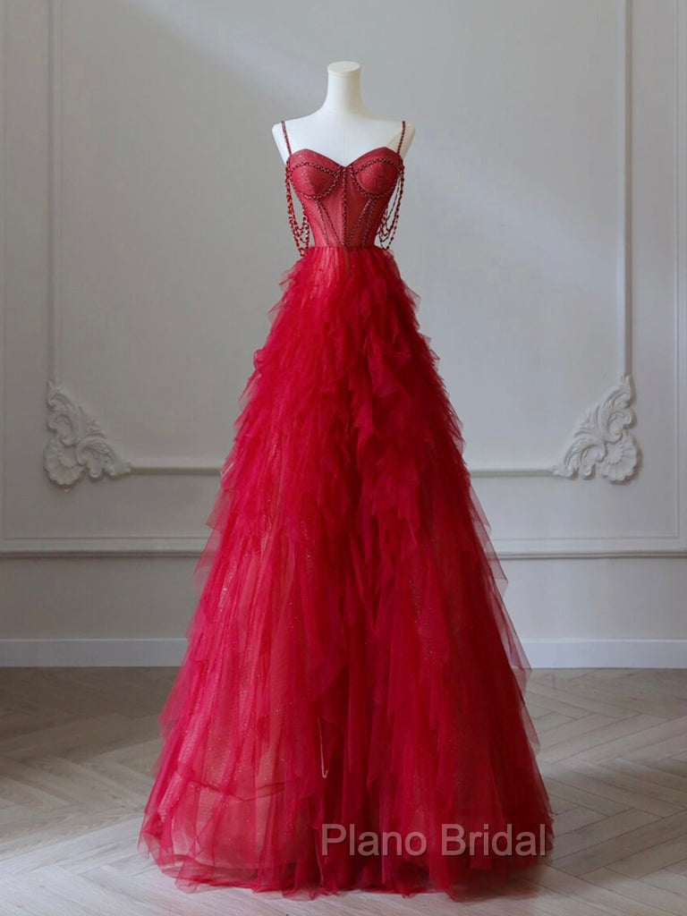 A-Line Sweetheart Neck Tulle Red Long Formal Prom Dresses, Red Long Graduation Dresses with Beads
