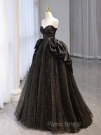 A-Line Sweetheart Neck Tulle Satin Black Long Formal Prom Dresses, Black Long Evening Dresses