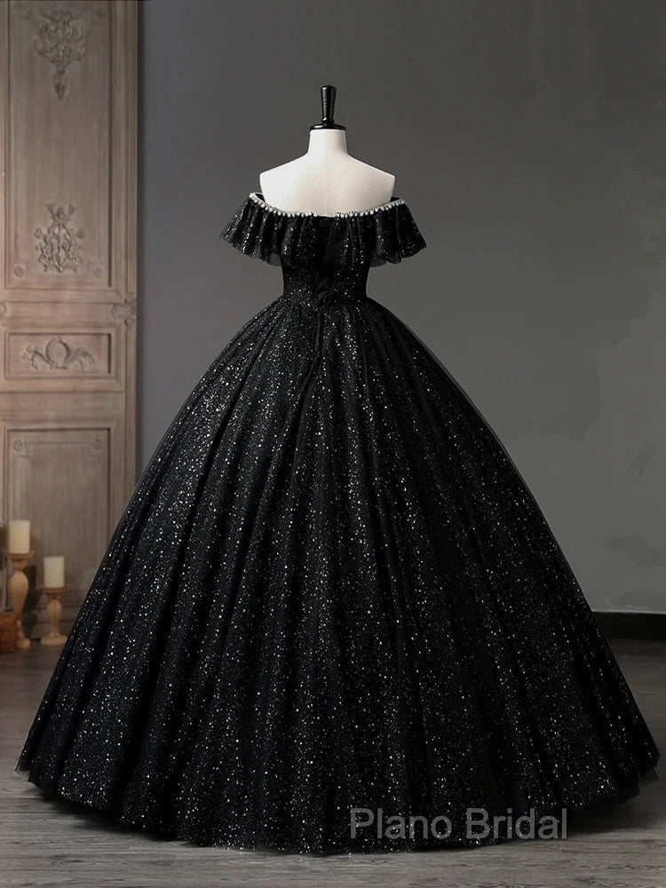 A-Line Sweetheart Neck Tulle Sequin Black Long Formal Prom Dresses, Black Long Formal Dresses Secondary image