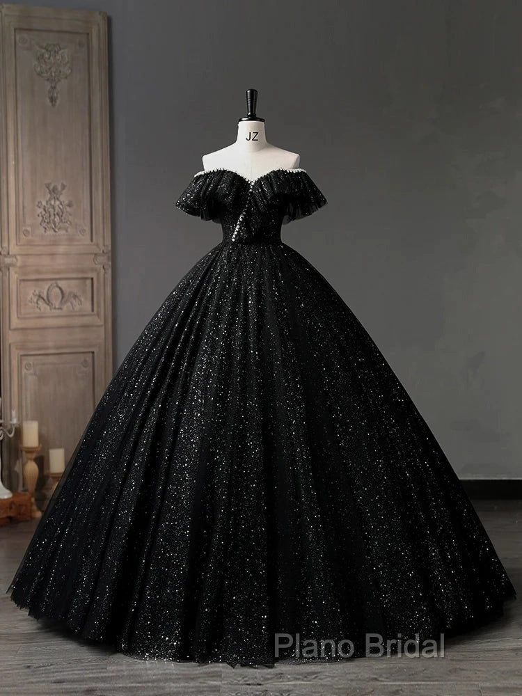 A-Line Sweetheart Neck Tulle Sequin Black Long Formal Prom Dresses, Black Long Formal Dresses