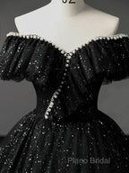 A-Line Sweetheart Neck Tulle Sequin Black Long Formal Prom Dresses, Black Long Formal Dresses
