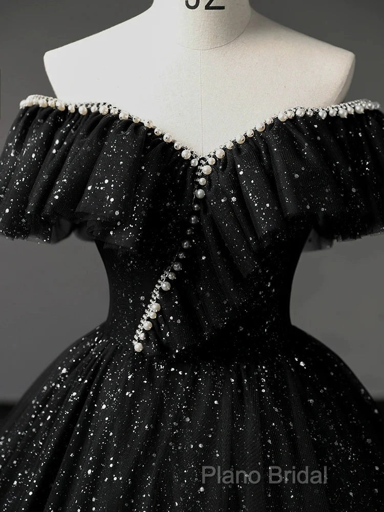 A-Line Sweetheart Neck Tulle Sequin Black Long Formal Prom Dresses, Black Long Formal Dresses