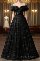 A-Line Sweetheart Neck Tulle Sequin Black Long Formal Prom Dresses, Black Long Formal Dresses