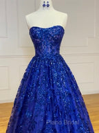 A-Line Sweetheart Neck Tulle Sequin Blue Long Formal Prom Dresses, Blue Long Formal Dresses