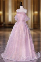 A-Line Sweetheart Neck Tulle Sequin Pink Long Formal Prom Dresses, Pink Tulle Formal Dresses