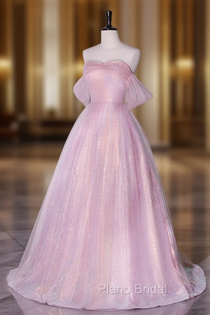 A-Line Sweetheart Neck Tulle Sequin Pink Long Formal Prom Dresses, Pink Tulle Formal Dresses