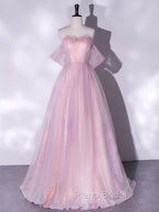 A-Line Sweetheart Neck Tulle Sequin Pink Long Formal Prom Dresses, Pink Tulle Formal Dresses