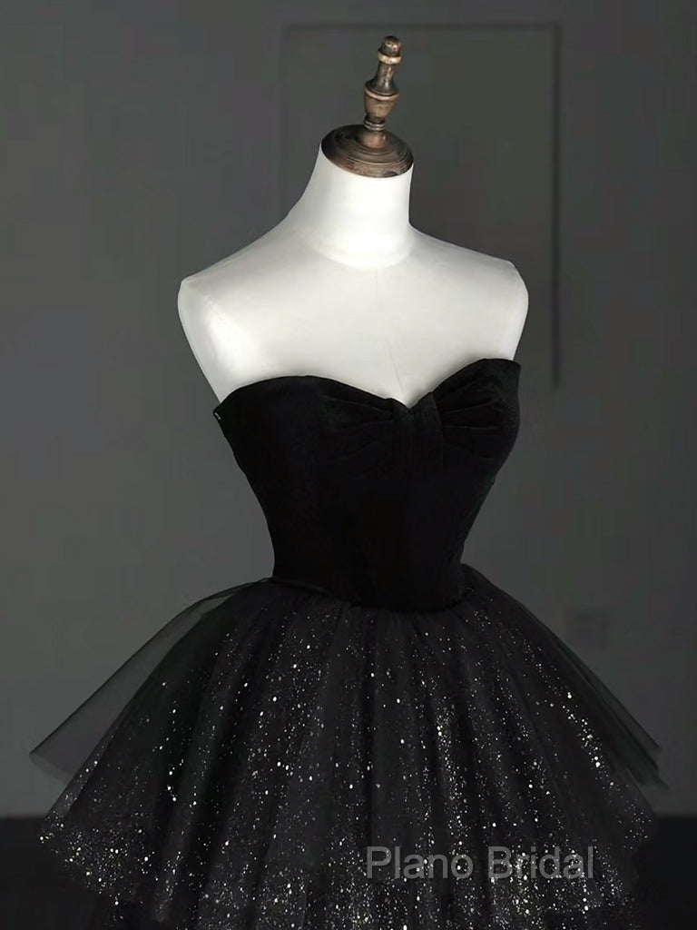 A-Line Sweetheart Neck Tulle Velvet Black Long Formal Prom Dresses, Black Formal Dresses