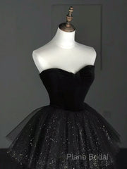 A-Line Sweetheart Neck Tulle Velvet Black Long Formal Prom Dresses, Black Formal Dresses