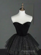A-Line Sweetheart Neck Tulle Velvet Black Long Formal Prom Dresses, Black Formal Dresses