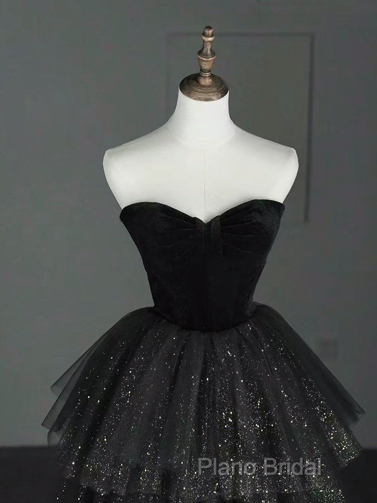 A-Line Sweetheart Neck Tulle Velvet Black Long Formal Prom Dresses, Black Formal Dresses