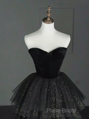 A-Line Sweetheart Neck Tulle Velvet Black Long Formal Prom Dresses, Black Formal Dresses
