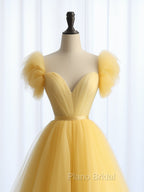 A-Line Sweetheart Neck Tulle Yellow Long Formal Prom Dresses, Yellow Long Formal Dresses