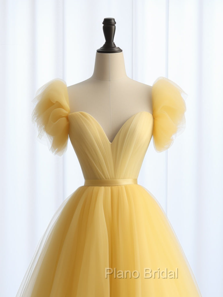 A-Line Sweetheart Neck Tulle Yellow Long Formal Prom Dresses, Yellow Long Formal Dresses
