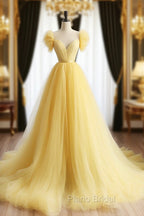 A-Line Sweetheart Neck Tulle Yellow Long Formal Prom Dresses, Yellow Long Formal Dresses
