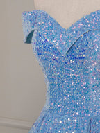 A-Line Sweetheart Neck Velvet Sequin Blue Long Formal Prom Dresses, Blue Formal Dresses