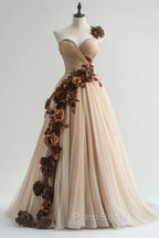 A-Line Sweetheart Neckline Tulle Applique Long Formal Prom Dresses, Vintage Evening Gown