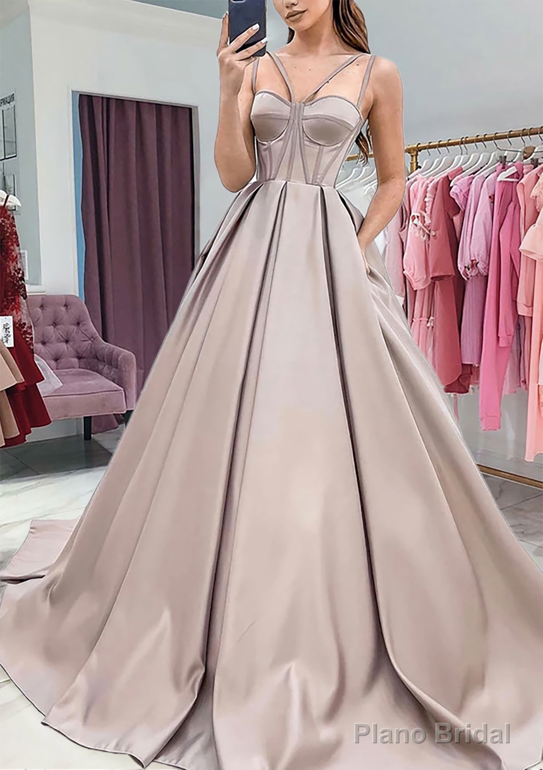A-line Sweetheart Sleeveless Satin Sweep Train Prom Dresses With Pockets Main image
